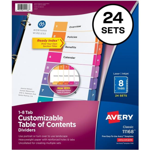 11168 READY INDEX TABLE OF CONTENTS DIVIDERS, 8 TAB, 25 SETS