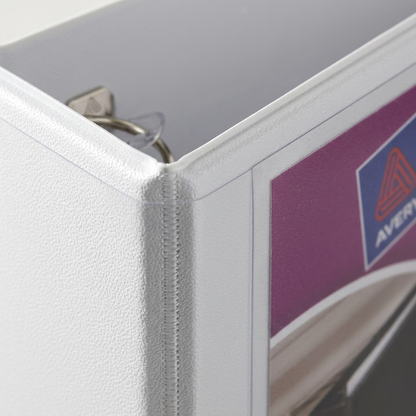 Macro view of Avery 34002 white binder showing reinforced DuraHinge edge and clear view overlay.