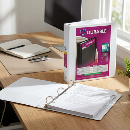 White Avery 34002 1-inch Durable View Binder shown open with tabs on a modern wooden desk.