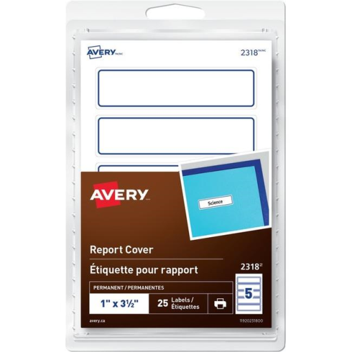 Avery Print or Write Report Cover Labels 1" X 3½", Permanent, White w Blue Border, 25/pkg