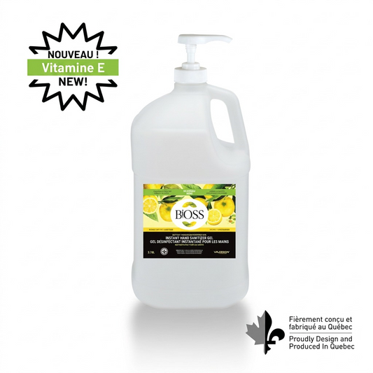 BiOSS 3.78L hand sanitizer gel bottle with pump, lemon scent, and Vitamin E on white background.