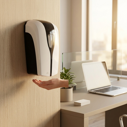 A lifestyle photograph of the correct touch-free automatic dispenser mounted by a modern, neutral-toned office desk and plant.