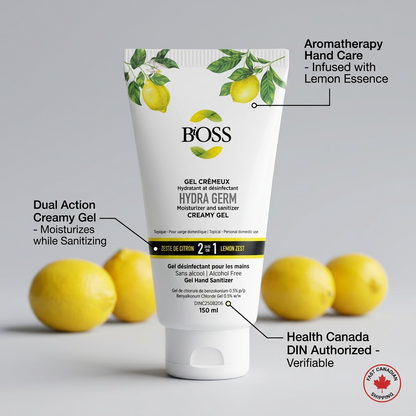 BiOSS Hydra Germ 150ml lemon sanitizer tube with callouts for moisturizer benefits and Health Canada DIN.