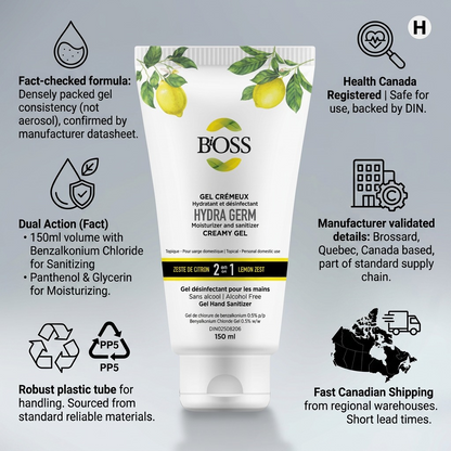 Infographic for BiOSS Hydra Germ 150ml Lemon gel featuring Health Canada approval and shipping info.