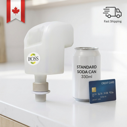 BiOSS 850ml hand sanitizer dispenser refill shown next to a 330ml soda can and a credit card for scale.