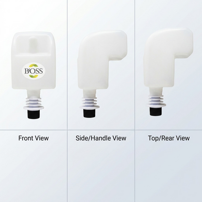 Three-view matrix of BiOSS 850ml hand sanitizer refill showing front, side, and rear angles.