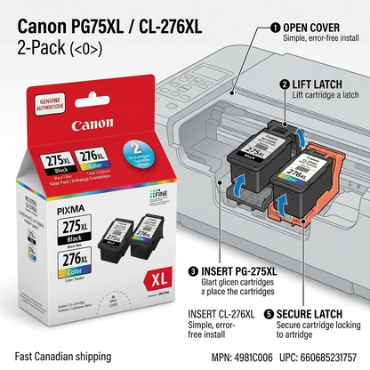 Feature matrix graphic of operational steps for Canon PG-275XL / CL-276XL cartridge installation.