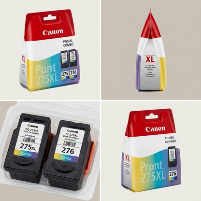 A premium 2x2 grid matrix showcasing the Canon PG-275XL/CL-276XL Combo from four distinct angles, grounded by the canonical image.