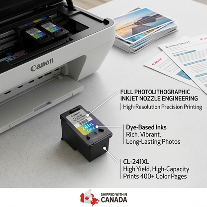 Canon CL-241XL ink cartridge features: FINE technology, dye inks, high yield. Prints vibrant photos. Shipped within Canada.