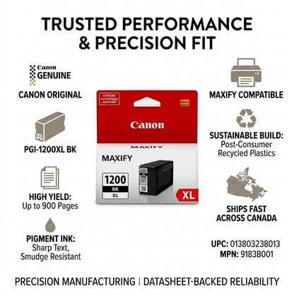 Trust infographic with factual data for Canon PGI-1200XL Black Ink features and Canada shipping.
