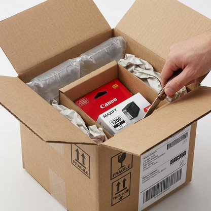A realistic photo showing the Canon PGI-1200XL Black ink tank arriving inside a protective shipping box.