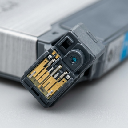 An extreme macro shot showing the gold contacts and cyan ink port on the Canon PGI-9 Cyan Ink Tank.