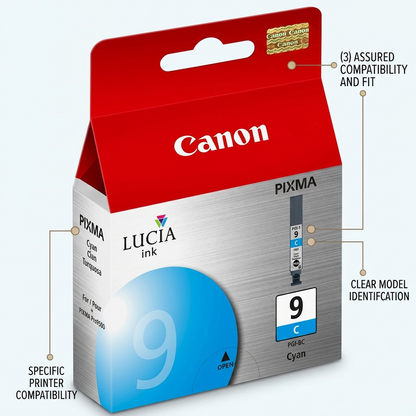 Operational feature callout graphic for Canon PGI-1 Cyan ink, highlighting compatibility features.