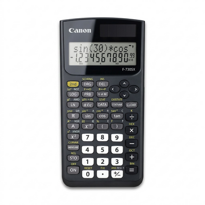 Front view of a Canon F-730SX black scientific calculator with a 2-line LCD and solar panel.