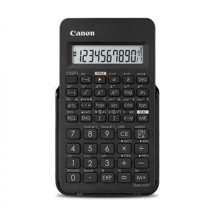 Front view of a black Canon F-605G scientific calculator with a 10+2 digit display on white.