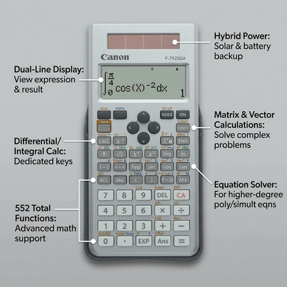 Canon F-792SGA scientific calculator feature graphic showing solar power and 648 math functions.
