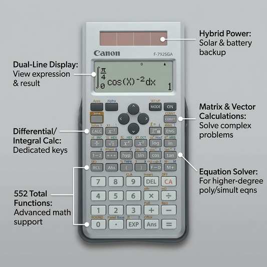 Canon F-792SGA scientific calculator feature graphic showing solar power and 648 math functions.