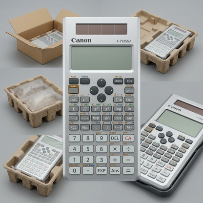 Canon F-792SGA scientific calculator in protective shipping box with molded pulp tray packaging.