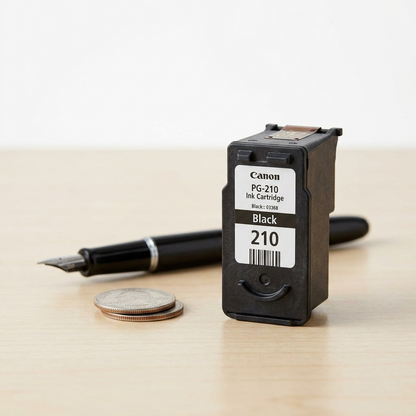 Canon PG-210 black ink cartridge, precise scale with a standard black fountain pen and two stacked quarters, upright and in focus on a clean desk. Accurate size reference visual.