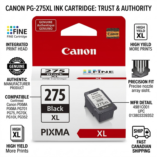 An infographic showing genuine Canon PG-275XL ink cartridge trust and authority with fast Canadian shipping.