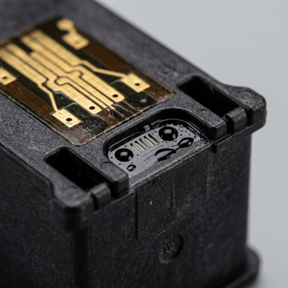 Detailed macro photograph focusing on the nozzle plate, fine nozzles, and electrical contact interface of the cartridge.