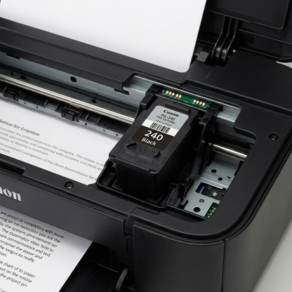 A life-size view of a Canon PG-240 black ink cartridge, accurately placed inside a Canon PIXMA inkjet printer, showing correct fit and installation.