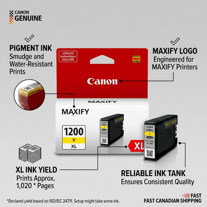 Canon MAXIFY PGI-1200XL Yellow Ink tank visual matrix showing feature highlights, including pigment ink benefits, high yield, and printer compatibility.