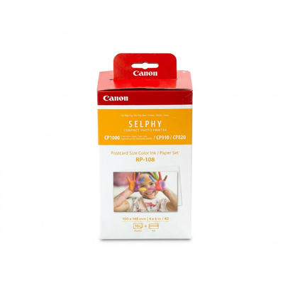 Ultra-pure high-resolution studio hero photograph of Canon Selphy RP-108 Ink & Paper Set.