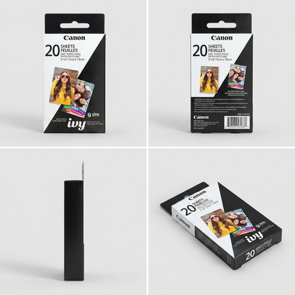 A grid displaying the Canon ZINK Photo Paper 20-sheet pack from front, side, and rear angles.