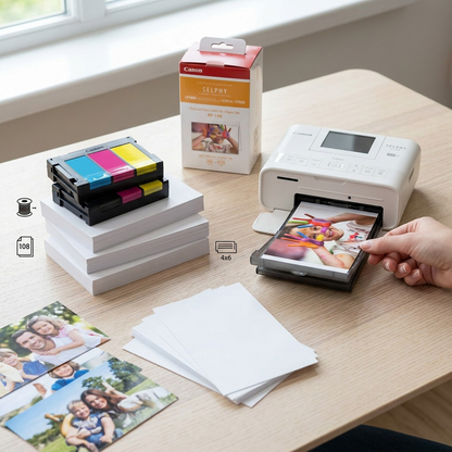Lifestyle shot: Canon RP-108 ink and paper pack with a compact SELPHY printer and finished prints on a wooden desk.