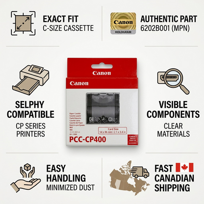 An authority-themed infographic featuring the Canon PCC-CP400 cassette packaging and key factual product trust cues.