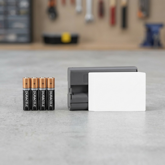 A size comparison photo of the ink cassette and stack of paper from image_0.png, resting next to a standard AA battery.