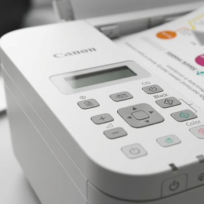 Extreme macro photo showing the detailed button cluster and small screen of the white Canon TR4720 printer.