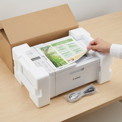 An image of the Cannon printer securely nestled within foam packaging, instilling a sense of shipping confidence and care.