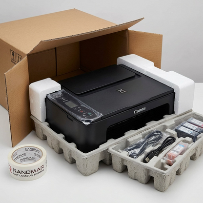 A detailed, close-up photo of the Canon PIXMA TS3720 (image_0.png) partially unboxed from neutral protective custom foam and cardboard.