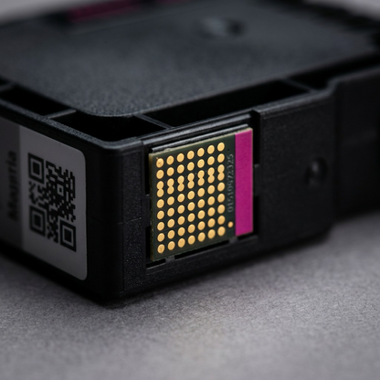 Extreme macro view of the CANON PGI-1200XL magenta ink cartridge's smart chip interface and gold-plated electrical contact points on textured black plastic.