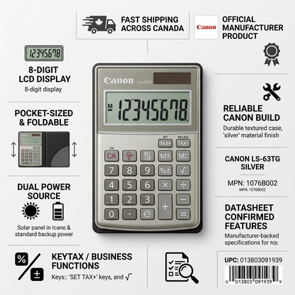 Canon LS-63TG handheld calculator infographic highlighting 8-digit LCD and Canada-wide shipping.
