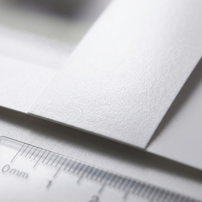 An extreme macro photograph capturing the unique textured surface of the specialized Canon photo paper from the KL-36IP set, highlighting its fine grain and pristine finish, ready for dye-sublimation printing.