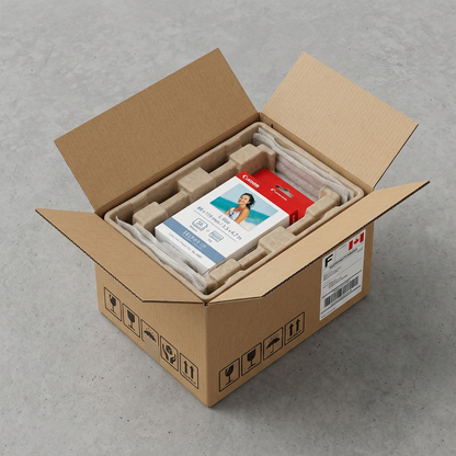 A secure, protective shipment box is partially opened to reveal the Canon KL-36IP ink and paper set.