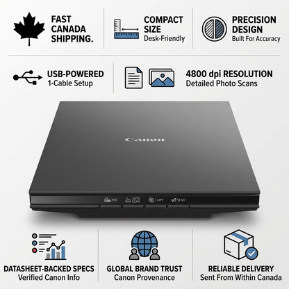 Trust and authority infographic layout showcasing Canon CanoScan LiDE 300 scanner features and Canada shipping.