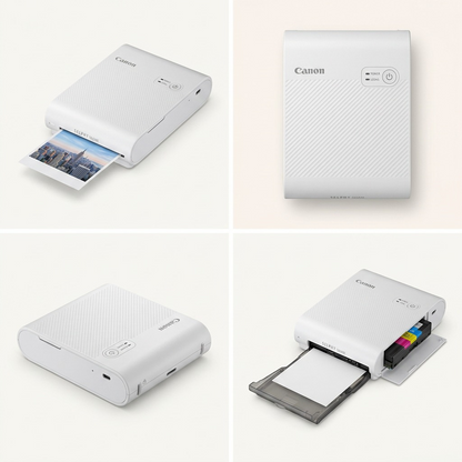 A clean ecommerce grid matrix showing the Canon SELPHY Square QX10 printer from four distinct angles to illustrate its compact design.