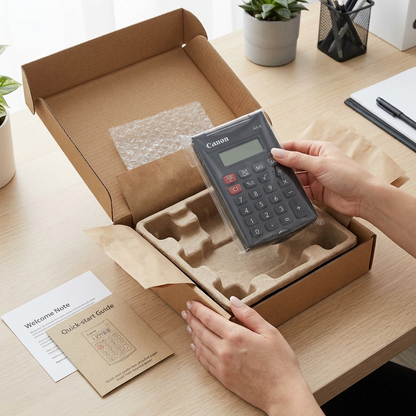A Canon AS-8 handheld calculator being unboxed from a secure shipping box with paper padding.