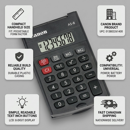 Canon AS-8 handheld calculator infographic highlighting compact size, durable build, and 8-digit LCD.