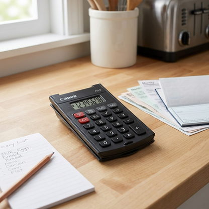 Canon AS-8 8-digit handheld calculator on a kitchen counter with bills, a grocery list, and pen.