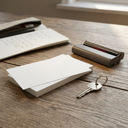 A stack of photo paper, an ink cassette, and a set of keys on a wood desk.