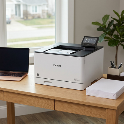 High-resolution lifestyle image of the Canon imageCLASS LBP674Cdw on a home office desk.