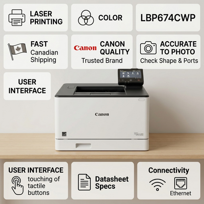 Info graphic matrix for Canon LBP674CDW printer, highlighting trust, features, and fast delivery.