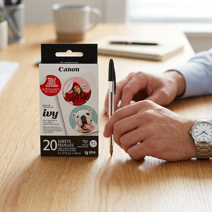 The image shows the Canon ZINK Pre Cut Circle Sticker Pack, identifying its size. It is placed next to a realistic human hand, with a finger touching a single circular sticker that has been peeled from a sheet. A ruler is also in the frame. The focus is to show that the stickers are about 1.3" (and 2x3" paper). The image contains on-image text indicating the sticker size.