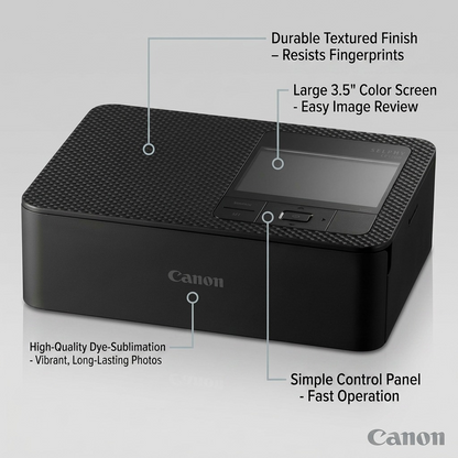 Operational features matrix for Canon SELPHY CP1500 compact printer over clean grey background.<ctrl46>Operational features matrix for Canon SELPHY CP1500 compact printer over clean grey background.