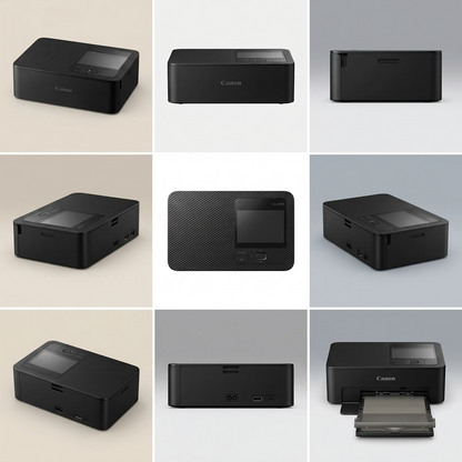 A matrix of nine images from various angles of the black Canon SELPHY CP1500 compact photo printer.